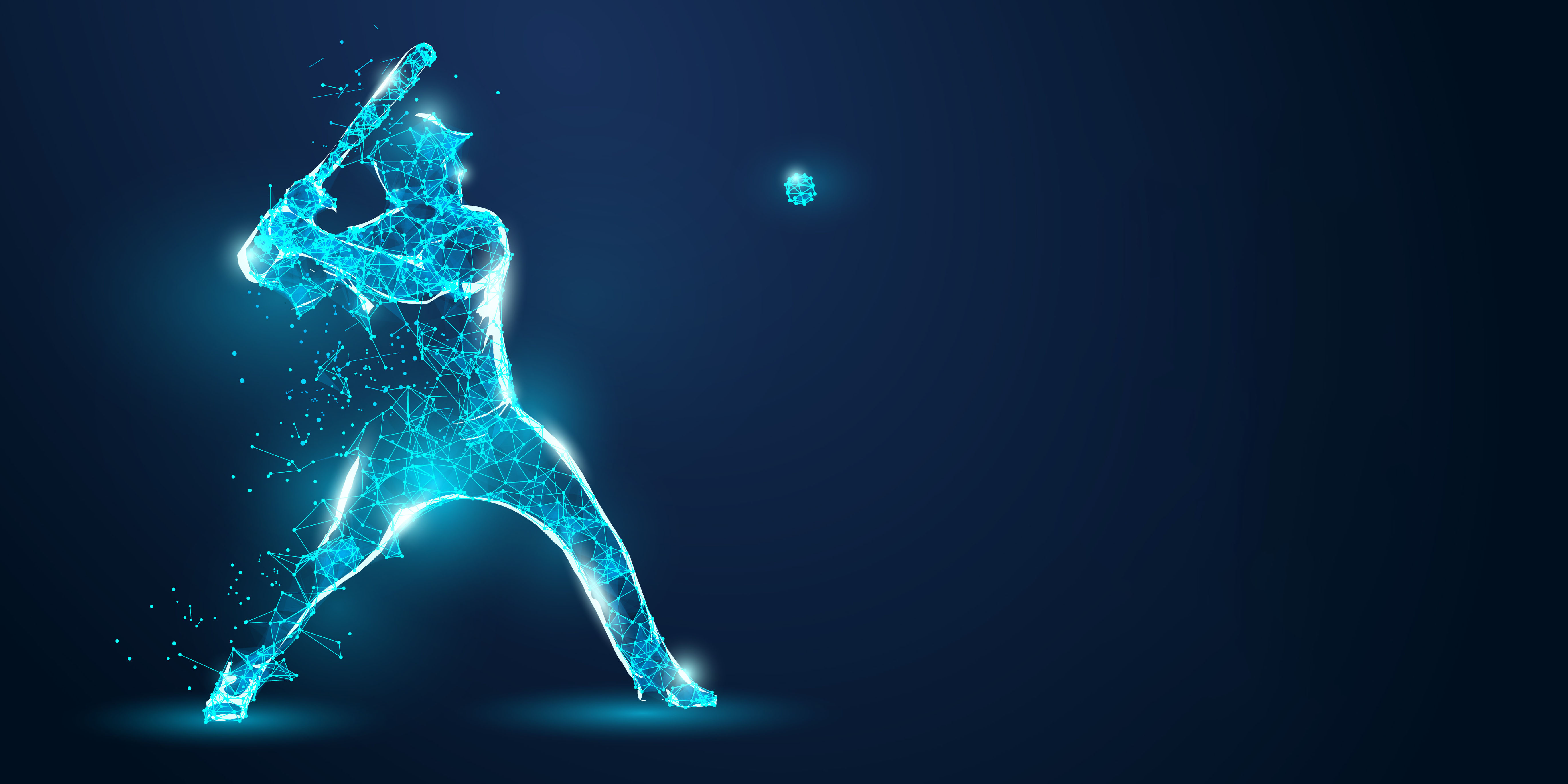 Abstract baseball player from particles, lines and triangles on blue background. All elements on a separate layers, color can be changed to any other. Low poly neon wire outline geometric. Vector