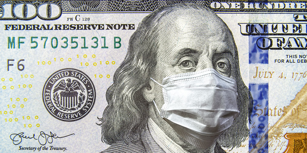 100 dollar money bill with face mask.