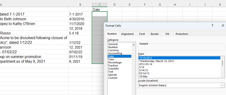 Formula to extract dates from text in cells