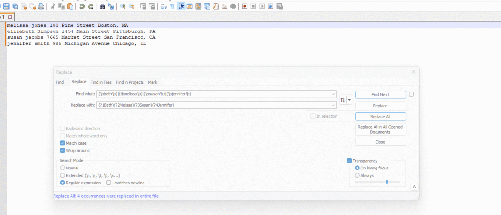 Regex search to find and replace multiple string