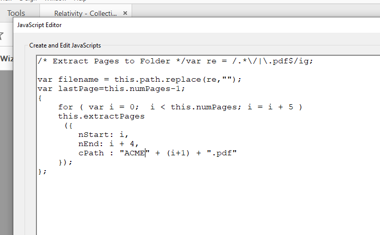 javascript to split PDF into 5 page segments and save & rename