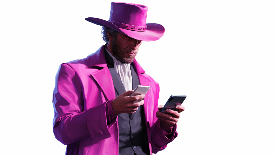 man with top hat on cellular device